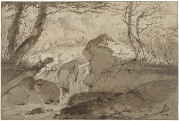 Mountain Landscape with Waterfall Among Trees, Along Which a Shepherd Leads His Flock