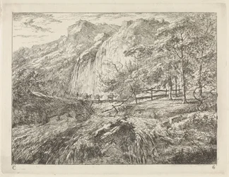 Pack Donkeys on a Bridge near a Waterfall (series title: Landscapes, Series C)