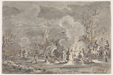 Military Camp with Soldiers Around Campfire