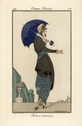 Woman in ruched dress and coat with hat and parasol