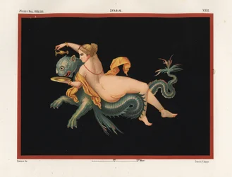 Nereid sea nymph supported by a monster, half panther and half fish. Museo Naz. XXII, Stabiae. Chromolithograph by Victor Steeger after an illustration by Geremia Discanno from Emile Presuhn