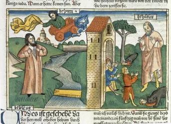 2 Kings 2:1-24 Elijah ascends to Heaven in a whirlwind and the boys who mocked Elisha are eaten by bears, from the Nuremberg Bible