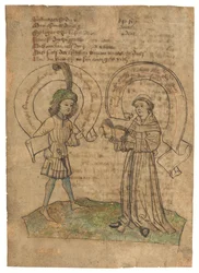 A Franciscan Friar and a Young Man, Illustration on a Leaf from Das Spiegelbuch, in Middle High German, East Swabia, Probably Augsburg, c.1470s
