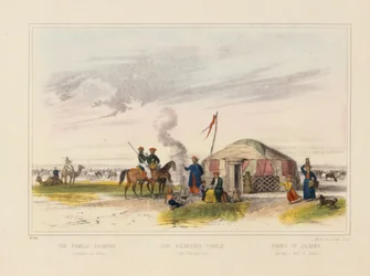 A Kalmyk (West Mongolian) Family Herding Horses, Pictorial Broadsheet Published by Joseph Scholz, Mainz, c.1860