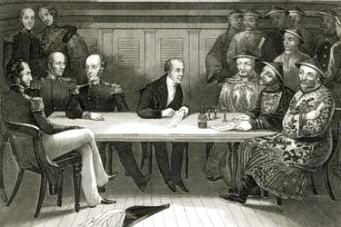 A conference at Chusan between Commodore Bremer and Chang, a Chinese official, on board the HMS Wellesley, 4th July 1841