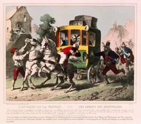 A Honeymooning Couple Attacked by Highwaymen in Italy, Pictorial Broadsheet Published by Gangel & P. Didion, Metz, c.1850