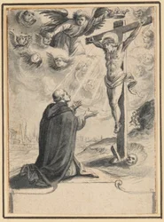 A kneeling friar before a vision of Christ on the cross