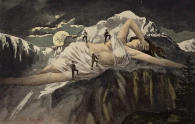 A naked woman on a mountainside being climbed by mountaineers while the moon looks on