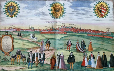 A panoramic view of Nuremberg, with figures in local dress in the foreground