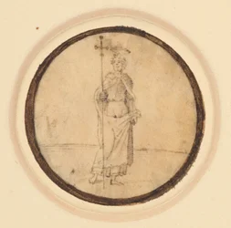 A roundel depicting Christ with a long cloak fixed at the neck holding a processional cross