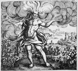 Alchemical Allegory: The Wind hath carried it in his Body, from Srutinium Chumicum by Michael Majer (1687) illustrated in a history of magic published late 19th century