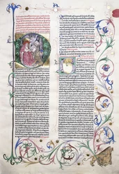 An illuminated page depicting St. Jerome in his study, and a border incorporating a griffin attacked by three men, 1470