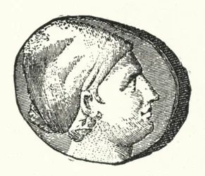 Ancient Coin Showing the Head of the Ancient Greek Poet Sappho (engraving)