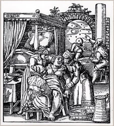 Astrologers Casting a Horoscope for the Child Being Born to a Woman in a Birth Chair, from De Conceptu et Generatione Hominis by Jacob Rueff, Published in Frankfurt, 1587