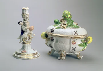 Candlestick and covered bowl from the St. Andrew Service, Meissen, 1744-5