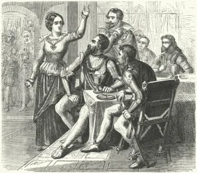 Catherine of Schwarzburg threatening the Duke of Alba (engraving)