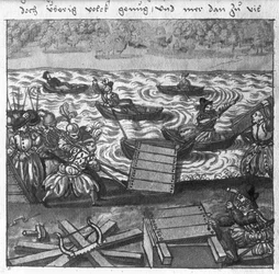 Constructing a Bridge on Water, illustration from LArt de lArtillerie by Wolff de Senftenberg, late 16th century