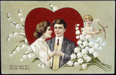 Couple of lovers in a heart surrounded by lily of the valley and Cupid (Eros) - German postcard, 20th century