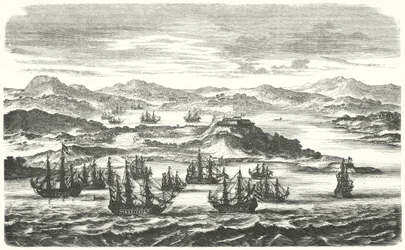 Departure of a Spanish silver fleet (engraving)