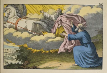 Elijah ascends to Heaven in a whirlwind leaving his disciple Elisha to carry on his work, illustration from L