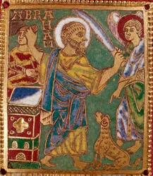 Enamel plaque representing the prophet Abraham and the sacrifice of Isaac. Rhenish school. 12th century. Florence, Museo Nazionale del Bargello