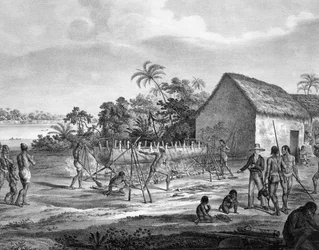 European bartering at the river port of the Miranhas Tribe, Amiro Japara, illustration from the Atlas of a Journey in Brasil