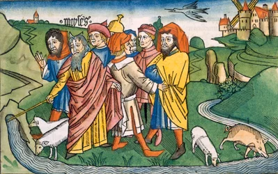 Exodus 17:1-7 Moses makes the water flow from the Rocks of Horeb, from the Nuremberg Bible