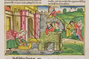 Exodus 2:1-6 Moses being floated down the Nile and discovered by one of Pharaoh