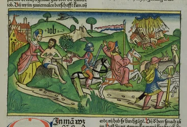 Facsimile copy of Job: Frontispiece, Job being scolded by his wife, his house and family destroyed by a hurricane and his livestock stolen, from the Nuremberg Bible