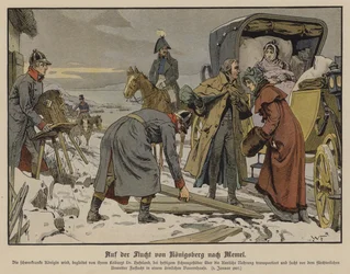 Fleeing the French, the seriously ill Queen Louise of Prussia making a stop at a farmhouse on the road from Konigsberg to Memel