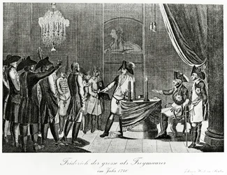 Frederick the Great receives his brother-in-law, Frederick, Margrave of Brandenburg-Bayreuth as a Freemason in Berlin in 1740