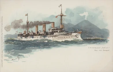 German cruiser Gefion in the Bay of Naples, Italy