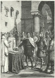 Harold Godwinson swearing an oath promising to support William of Normandy