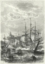 Henry VIII and the English fleet landing at Calais