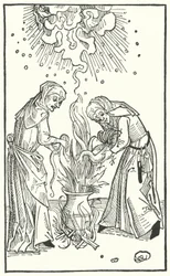 Illustration from a treatise by Ulrich Molitor about diviner women and witchcraft