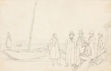 Lakeside scene with seven figures