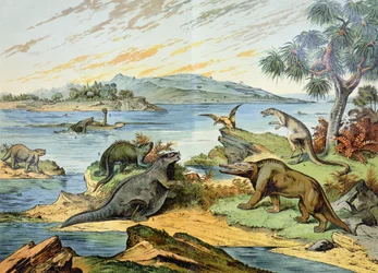 Landscape depicting the Cretaceous period (146 to 65 million years ago) illustration from Natural History of Mineralogy and Palaeontology by G.H. von Schubert, 1888