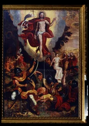The Ascension of Christ (Resurrection). He holds a cross staff with a white flag bearing a red cross. On the left, the descent of Jesus Christ to limbo.