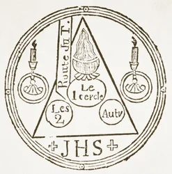 Magic Circle, copy of an illustration from Dreyfacher Hollenzwang by Dr Faustens, Passau 1407, Reproduced in Das Kolster Vol V, by J Scheible, 1845, used in a History of Magic, published late 19th century