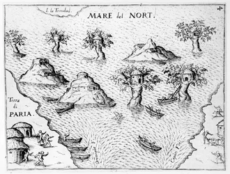 Map of the coast of Guyana, illustration from Regni Guianae by G. Raleigh