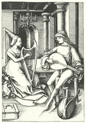 Musicians Playing the Lute and the Harp in a Country House in the 15th Century (engraving)