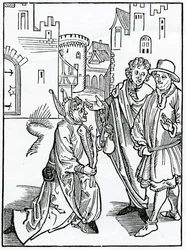 Of the contempt and dispysynge of pouertye, illustration from Alexander Barclay