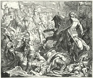 Otto I of Germany defeating the Magyars at the Battle of Lechfeld, 955
