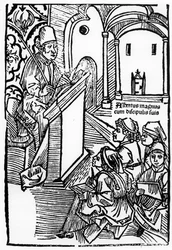 Portrait of Albertus Magnus with some of his pupils, illustration for the title page of Epitomata, reparations, or the whole of natural philosophy of Aristotle by Gerardus de Harderwyck, published 14