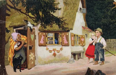 Postcard depicting the witch inviting Hansel and Gretel to enter the gingerbread house