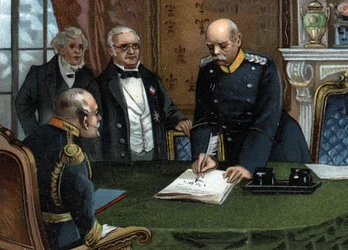 Preliminary peace treaty of 26 February 1871 signed in Versailles, end of the Franco-Prussian war Between the head of the executive power of the Republic, Mr. Adolphe Thiers, and the Minister for Foreign Affairs, Mr. Jules Favre, representatives of France