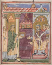 Priest presenting a book [to St. Augustine?]