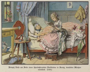 Princess Louise of Mecklenburg-Strelitz reading at the bedside of a sick village girl in Broich