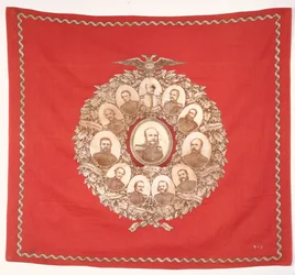 Scarf depicting the German Emperor, Wilhelm I surrounded by Bismarck and victorious marshals in celebration of the Franco-Prussian War, 1870
