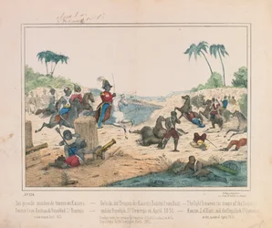 Skirmish Between Troops of Emperor Fuastin I of Haiti and the Dominican Republic of Santo Domingo in April 1851, Pictorial Broadsheet Published by Fried. Schulz Verlag, Stuttgart, 1851
